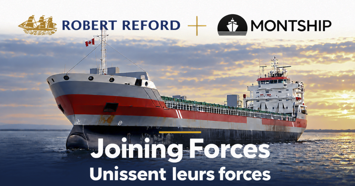 Robert Reford and Montship logos above a cargo ship at sea, with the words Joining Forces